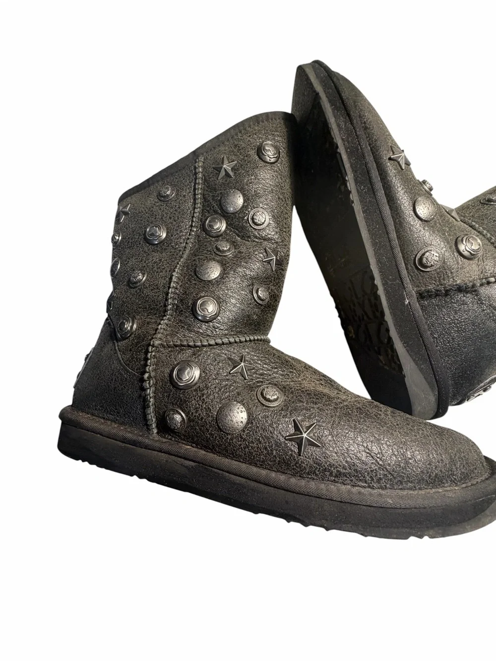 Australia Luxe Angel Studded Metallic Grey Sheepskin Fur Boots Womens 11